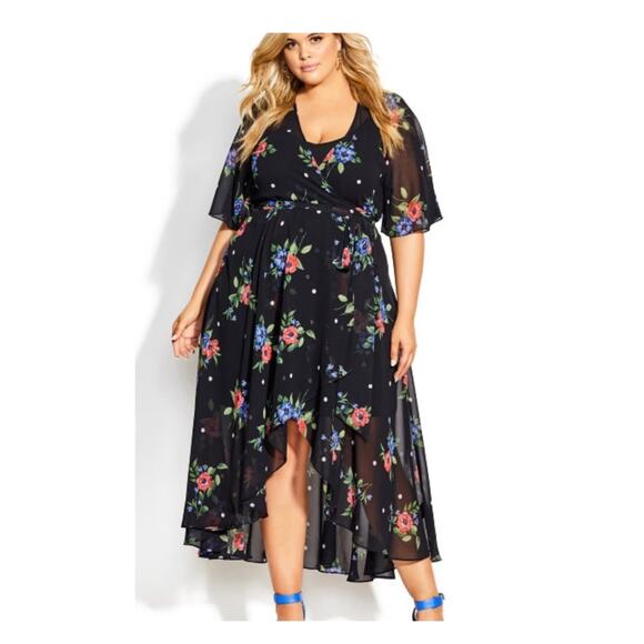 NEW City Chic Float Bouquet Short Sleeve Hi Low Hem Wrap Maxi Dress Size XXL 24 - Picture 1 of 9